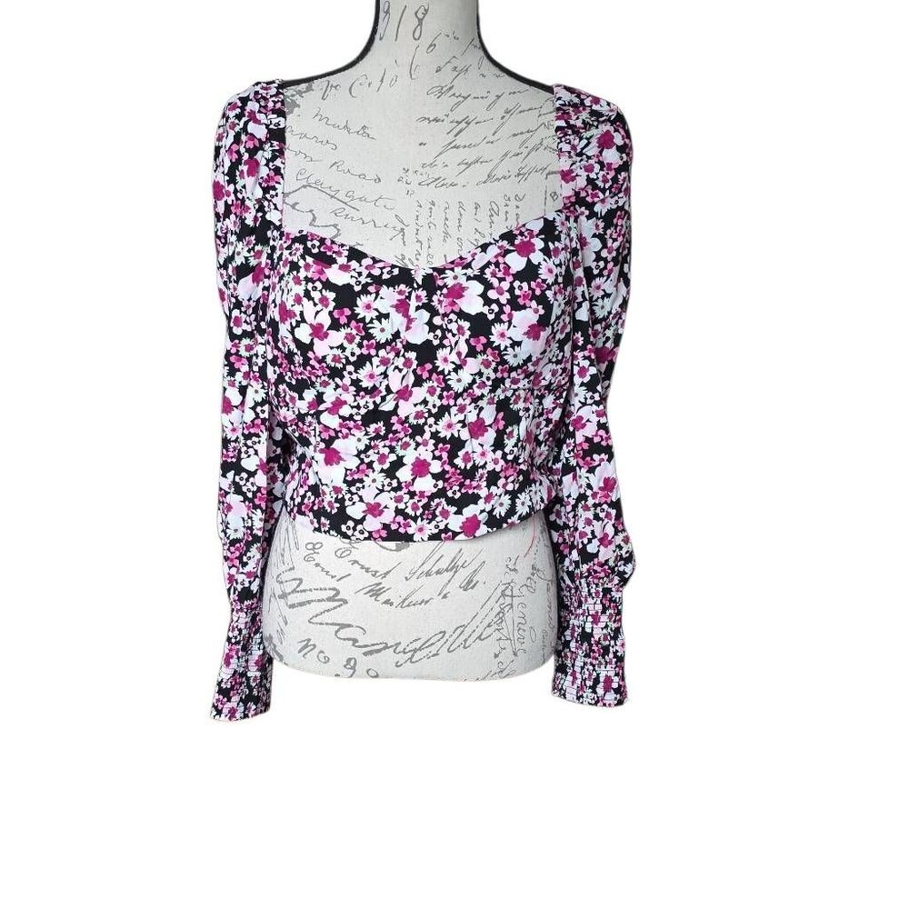Bar III Women's Size Large Pink Black Long Sleeve Sweetheart Neck Peasant Blouse